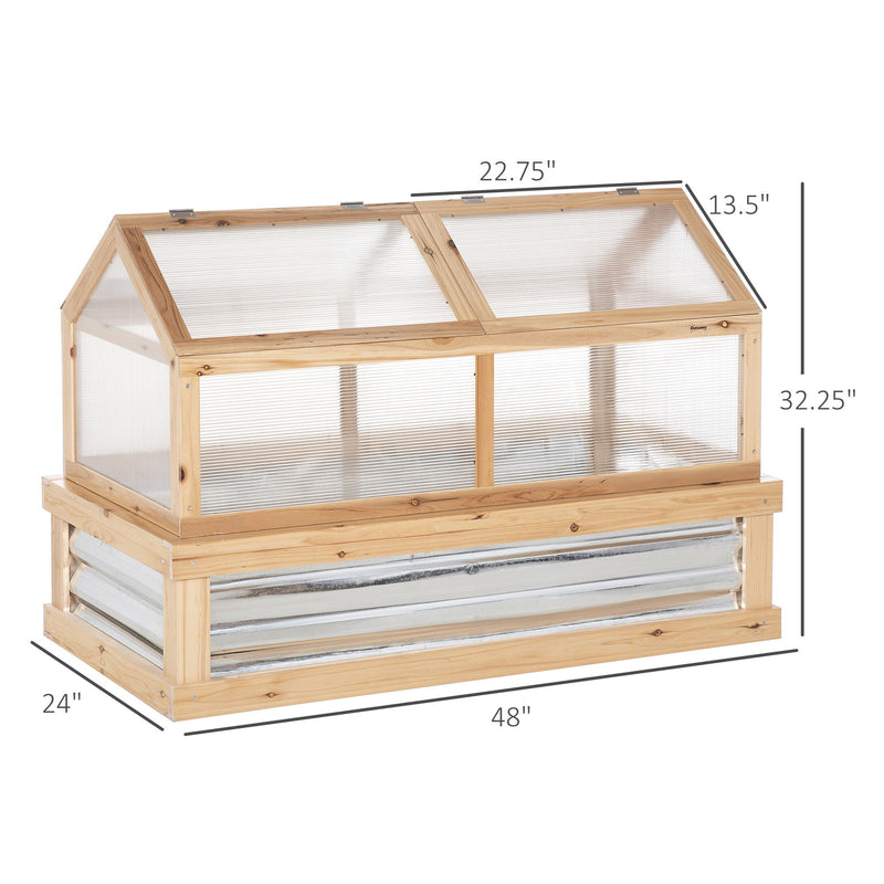 Outsunny - Raised Garden Bed With Polycarbonate Greenhouse, Wooden Garden Cold Frame Greenhouse, Flower Planter Protection, 48" x 24" x 32" - Natural