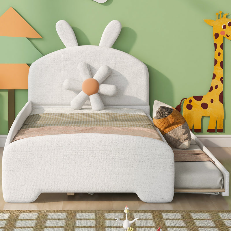 Twin Size Upholstered Platform Bed with Cartoon Ears Shaped Headboard and Trundle, White