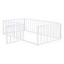 Twin Size Metal Floor Bed Frame with Fence and Door, White