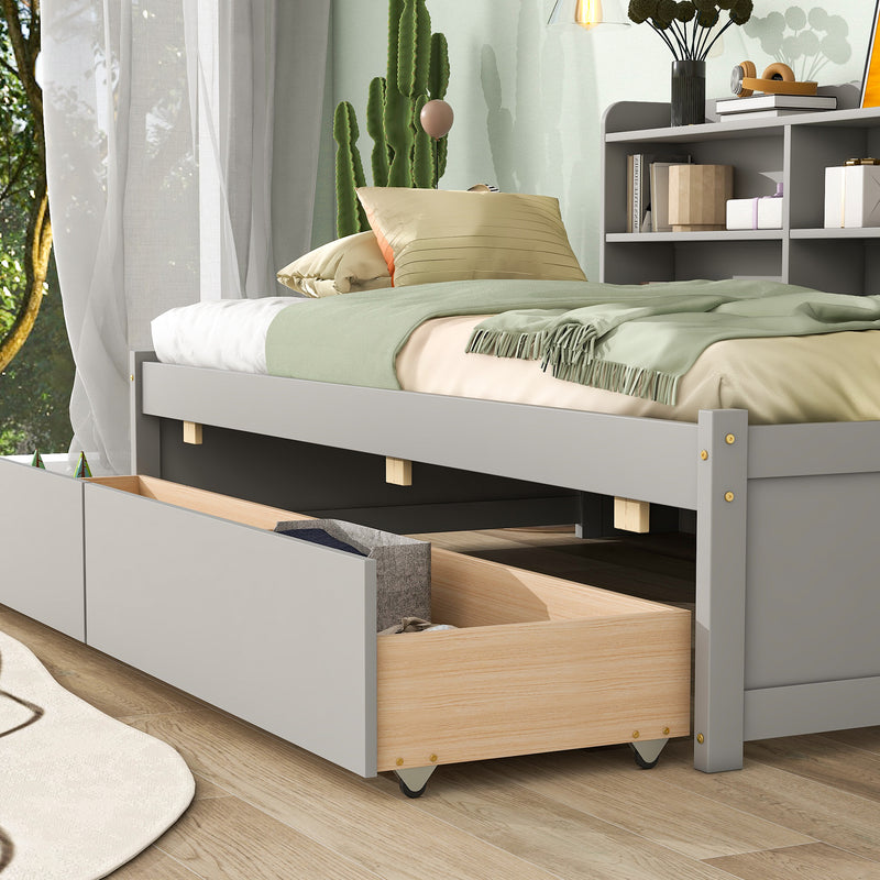 Twin Bed with Side Bookcase, Drawers ,Grey