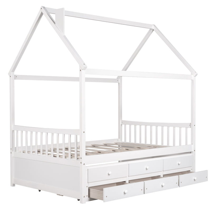 Full Size Wooden House Bed With Trundle And 3 Storage Drawers - White