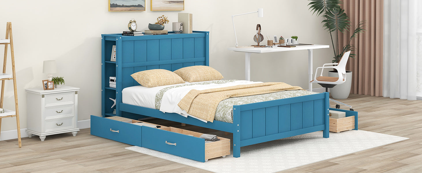 Full Size Platform Bed with Drawers and Storage Shelves, Blue - Atlantic Fine Furniture Melbourne FL