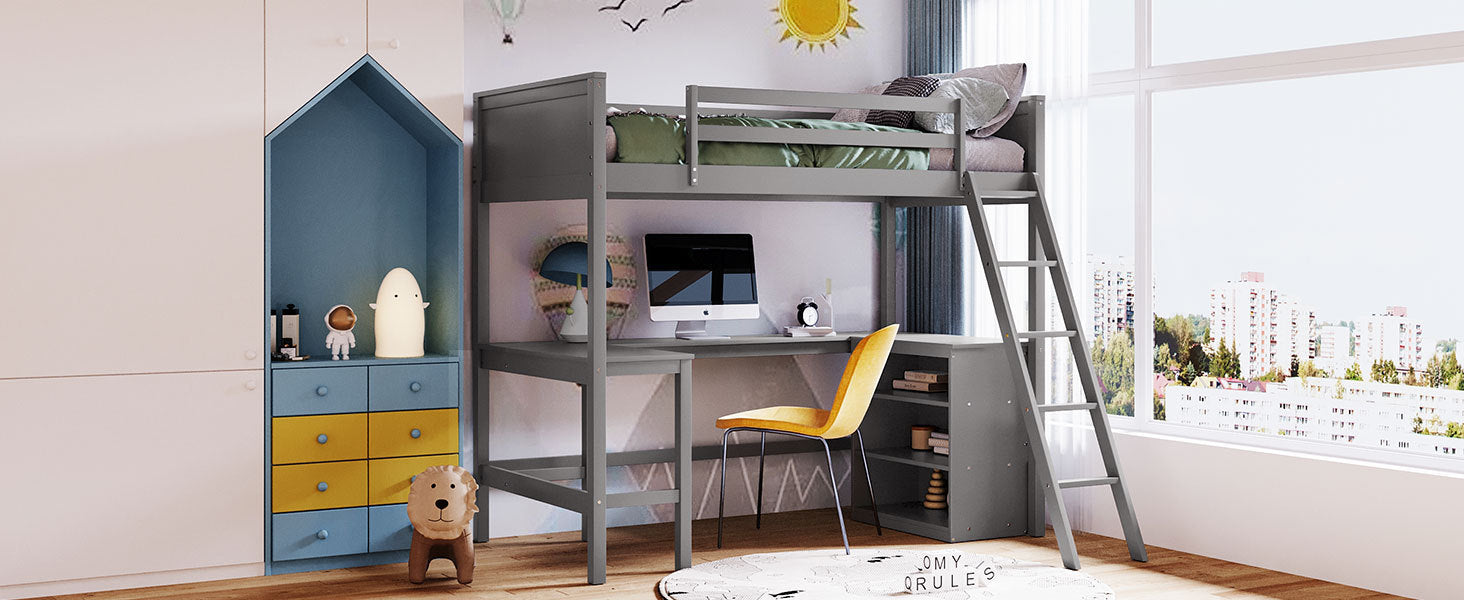 Twin size Loft Bed with Shelves and Desk, Wooden Loft Bed with Desk - Gray(OLD SKU:LT000537AAE) - Atlantic Fine Furniture Melbourne FL