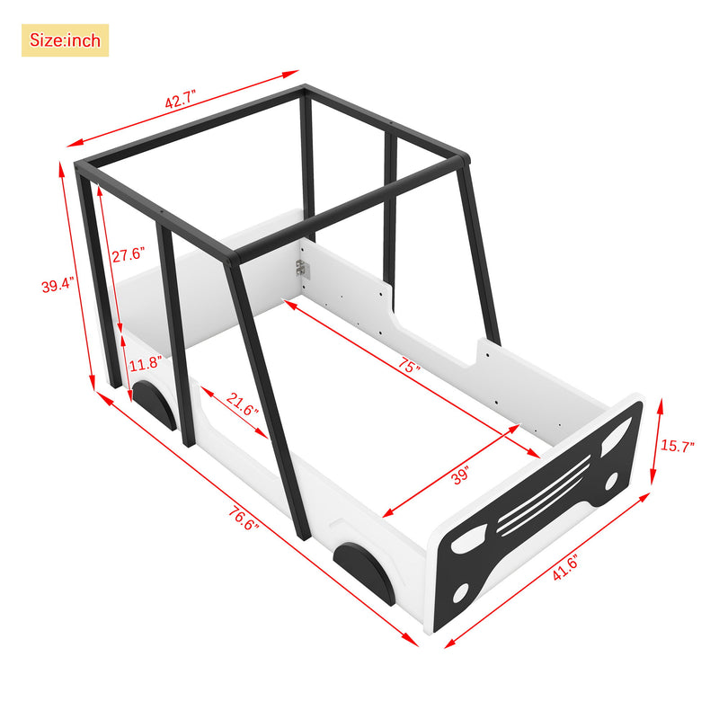 Twin Size Car-Shaped Bed With Roof, Wooden Twin Floor Bed With Wheels And Door Design, Montessori Inspired Bedroom