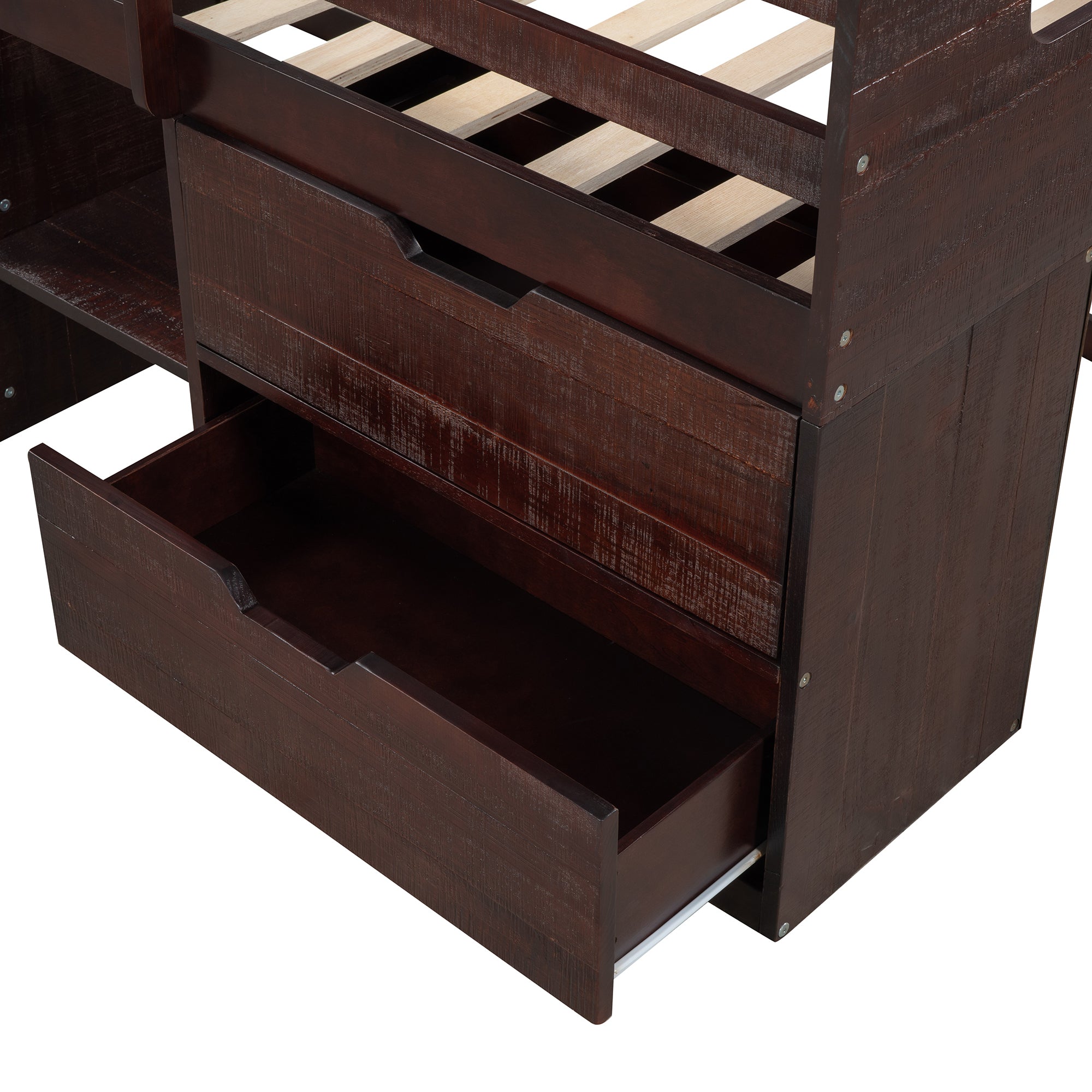 Twin size Loft Bed with Two Shelves and Two drawers (Antique Espresso) - Atlantic Fine Furniture Melbourne FL