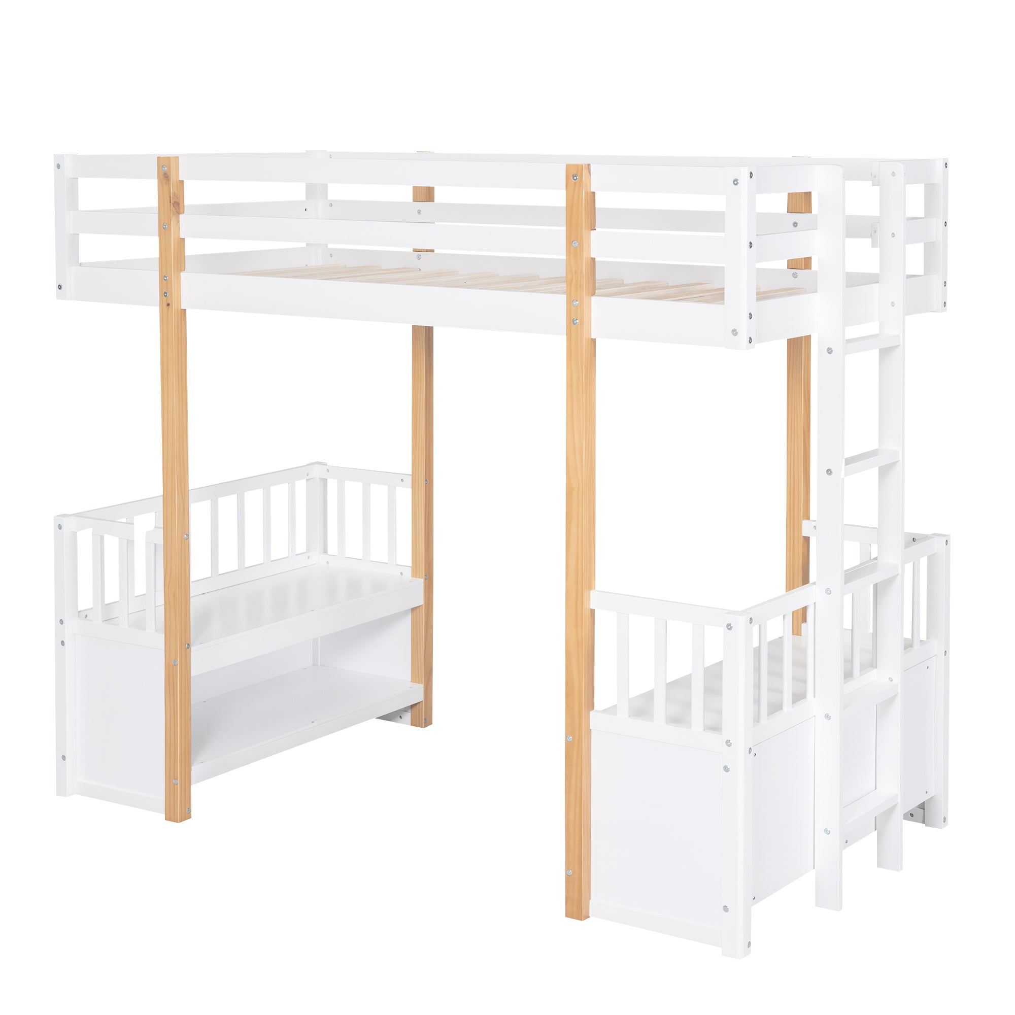 Wood Twin Size Loft Bed with 2 Seats and a Ladder, White - Atlantic Fine Furniture Melbourne FL