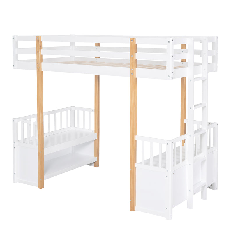Wood Twin Size Loft Bed with 2 Seats and a Ladder, White