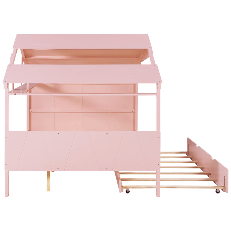 Wood Full Size House Bed with Twin Size Trundle and Storage, Pink