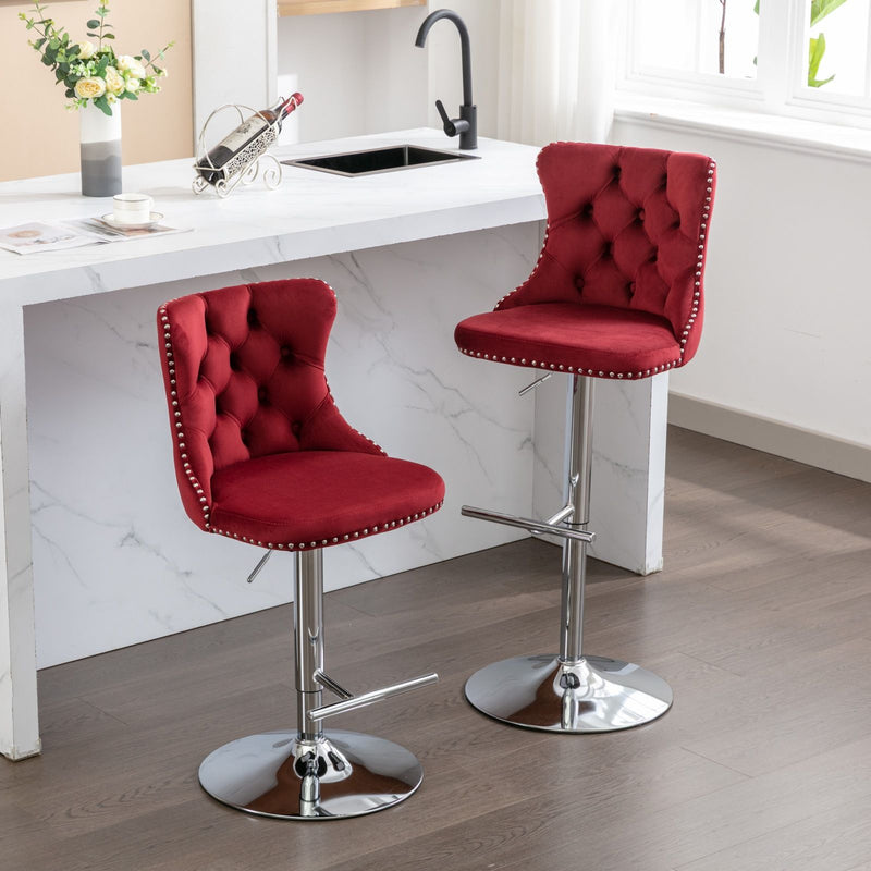 Swivel Velvet Barstools Adjusatble Seat Height From 25-33", Modern Upholstered Chrome Base Bar Stools With Backs Comfortable Tufted For Home Pub And Kitchen Island (Set of 2)