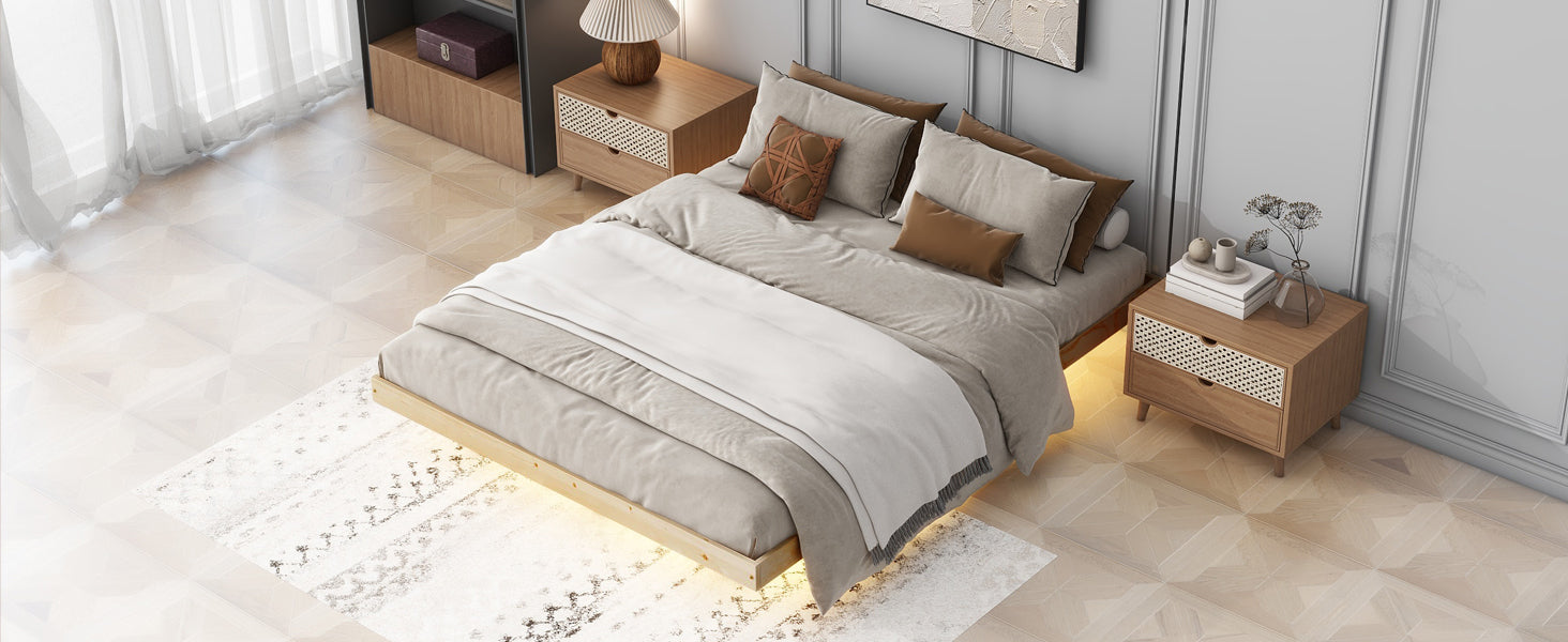 Queen Size Floating Bed with LED Lights Underneath,Modern Queen Size Low Profile Platform Bed with LED Lights,Natural