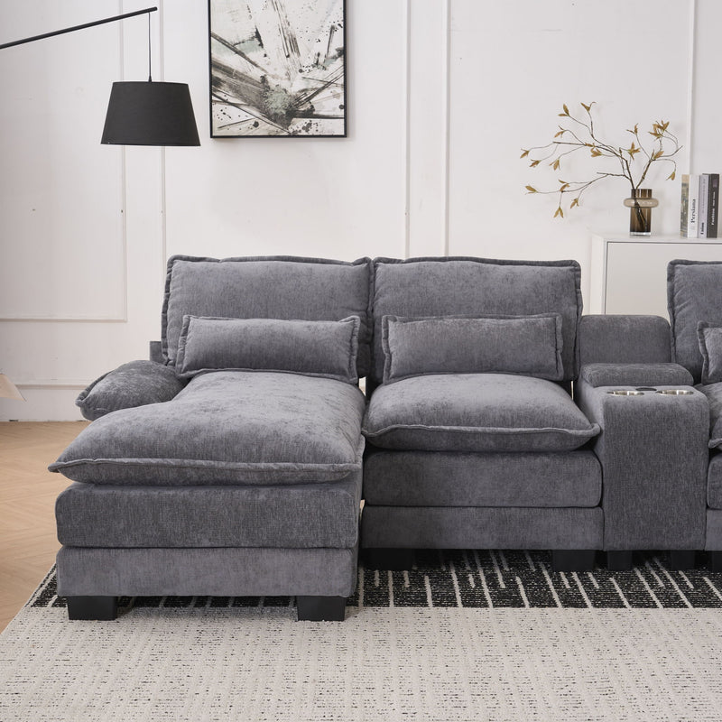 U Shaped Sofa With Console, Cupholders, USB Ports, 6 Seat, Bronzing Suede & Chenille