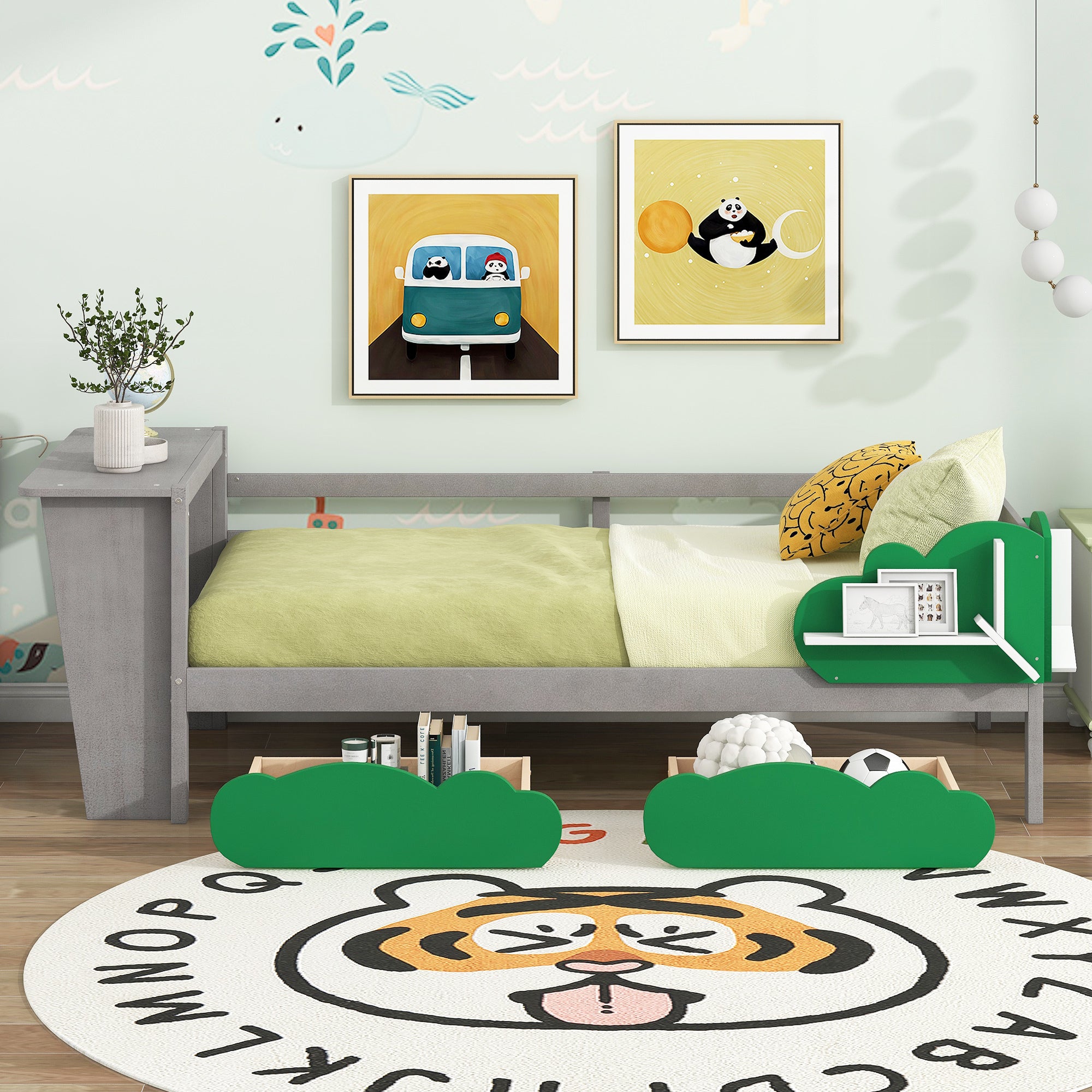 Twin Size Daybed with Desk, Green Leaf Shape Drawers and Shelves, Gray - Atlantic Fine Furniture Melbourne FL