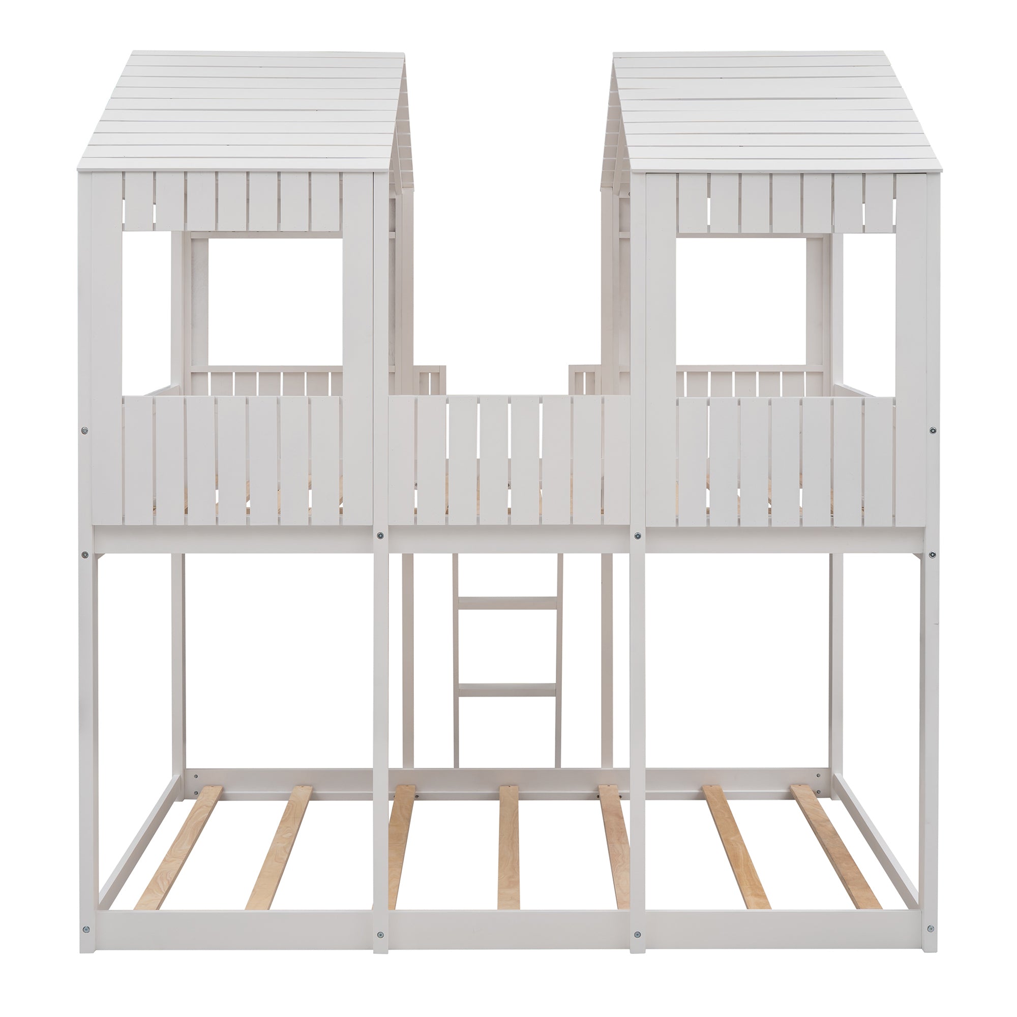 Full Over Full WoodBunk Bed with Roof, Window, Guardrail, Ladder(White)( old sku: LT000031AAK ) - Atlantic Fine Furniture Melbourne FL