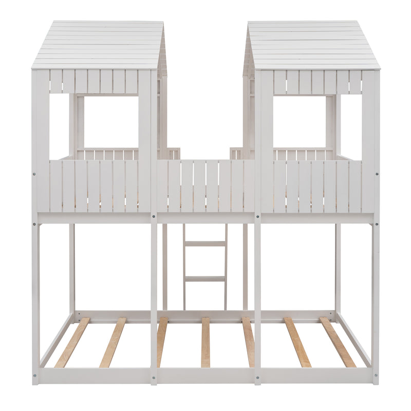 Full Over Full WoodBunk Bed with Roof, Window, Guardrail, Ladder(White)( old sku: LT000031AAK )