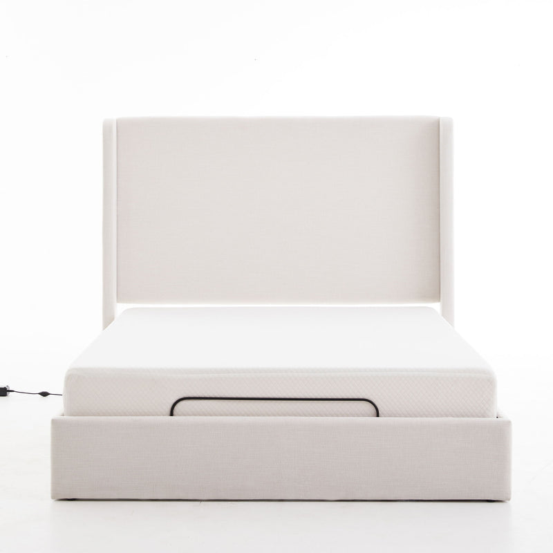 Caron - Queen Size Upholstered Wingback Bed With Adjustable Base Bundle Set - Ivory