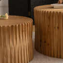 Vintage Fashion Style Cylindrical Nesting Coffee Table Set With Vertical Textured Embossed Design - Natural