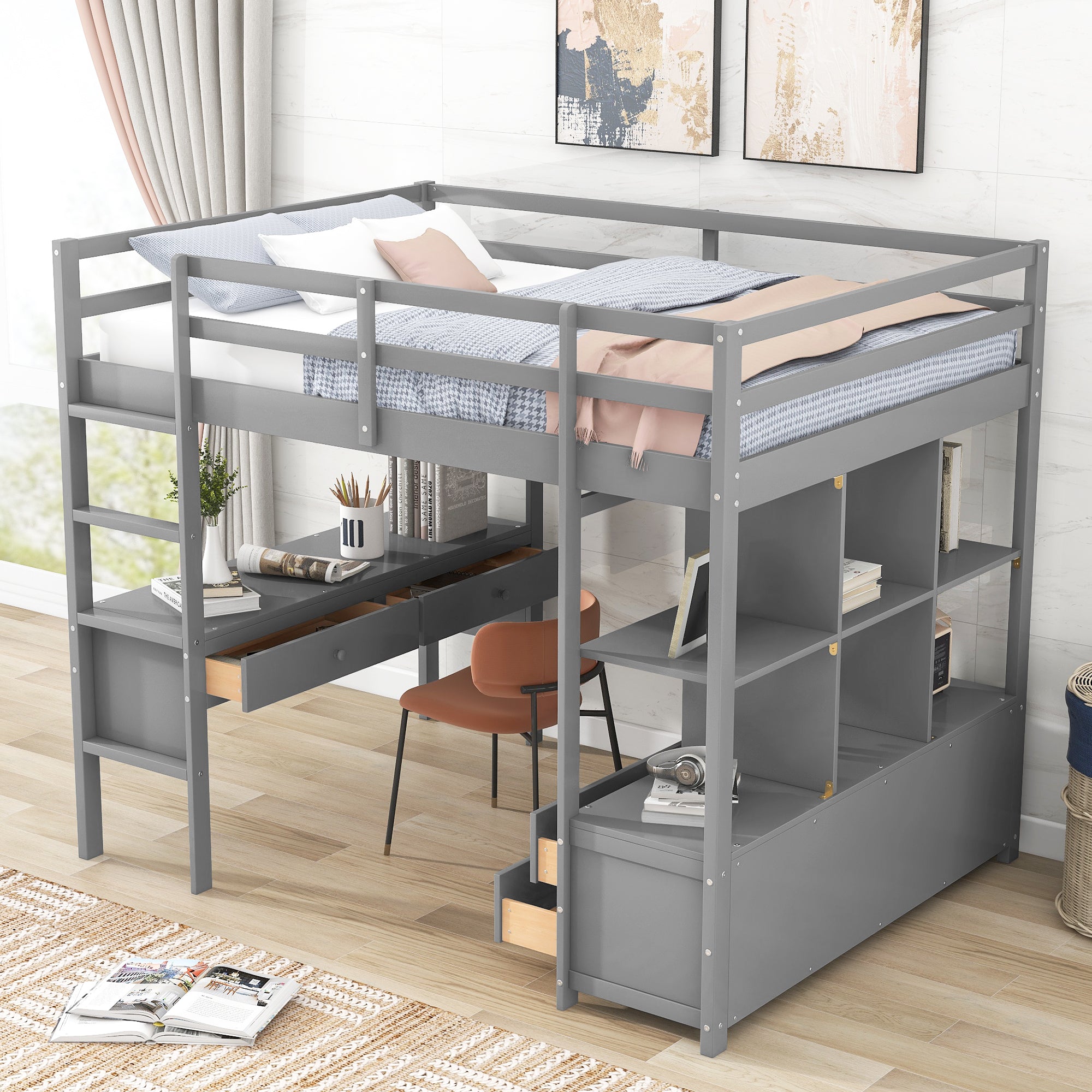 Full Size Loft Bed with Built-in Desk with Two Drawers, and Storage Shelves and Drawers,Gray(Old SKU: GX000320AAE)