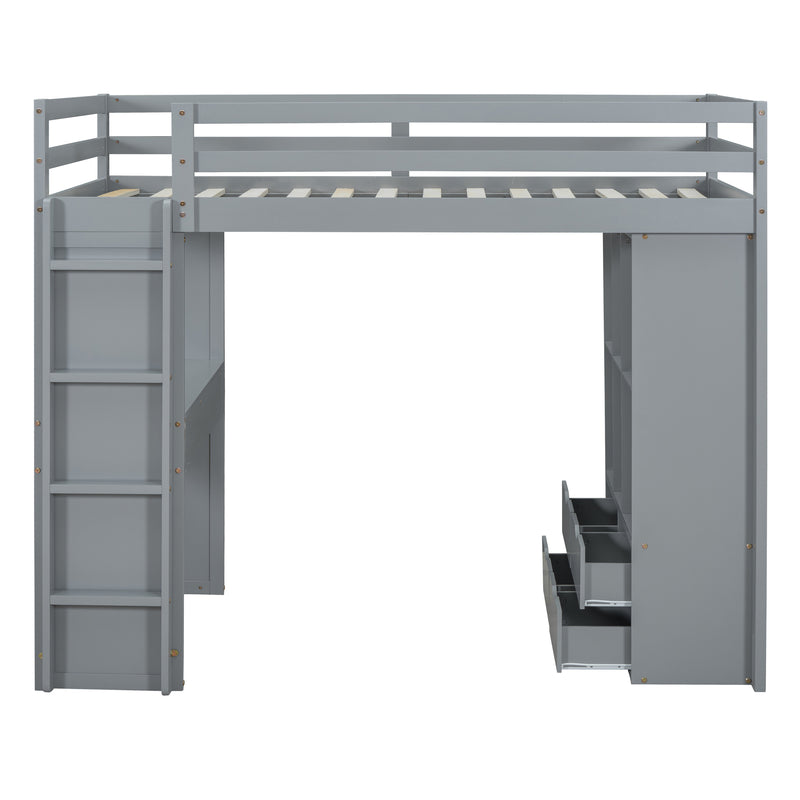 Full Size Loft Bed with large shelves, writing desk and LED Light, Gray