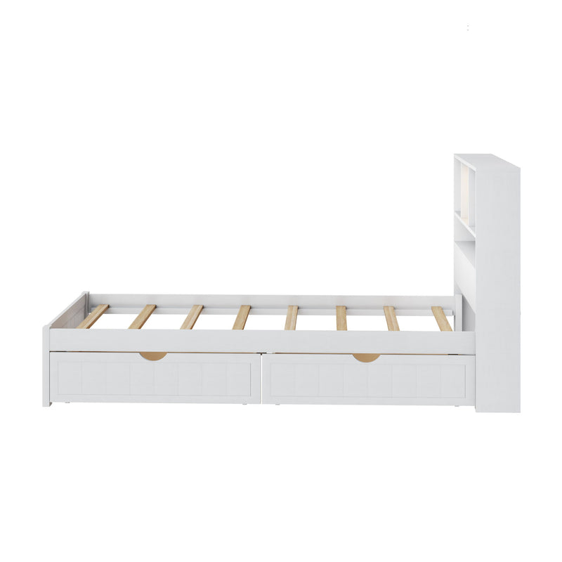 Platform Bed With Bookcase Headboard, Built-In Downlight, Charging Station, And 2 Side Drawers