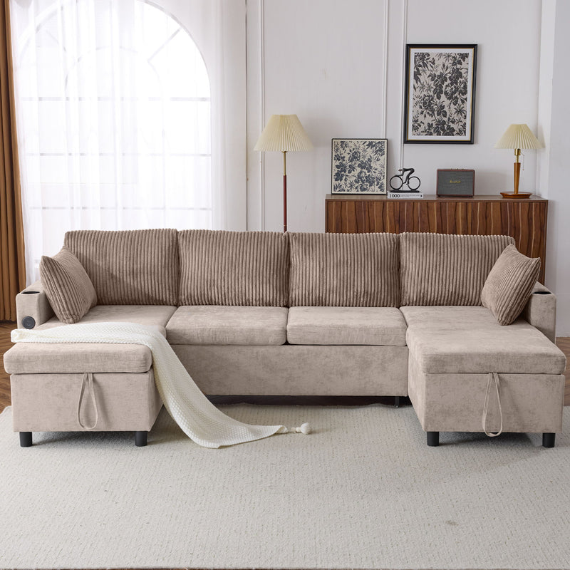Sectional Sofa Bed With Pull Out Sleeper, USB Ports, Cup Holders