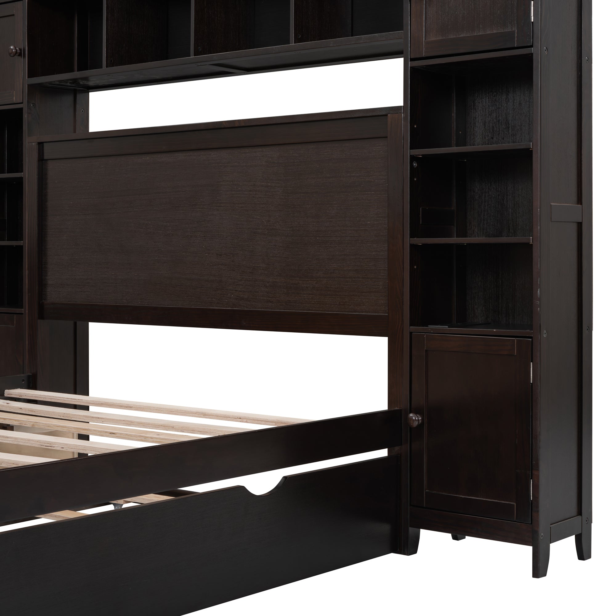 Full Size Wooden Bed With All-in-One Cabinet, Shelf and Sockets, Espresso - Atlantic Fine Furniture Melbourne FL