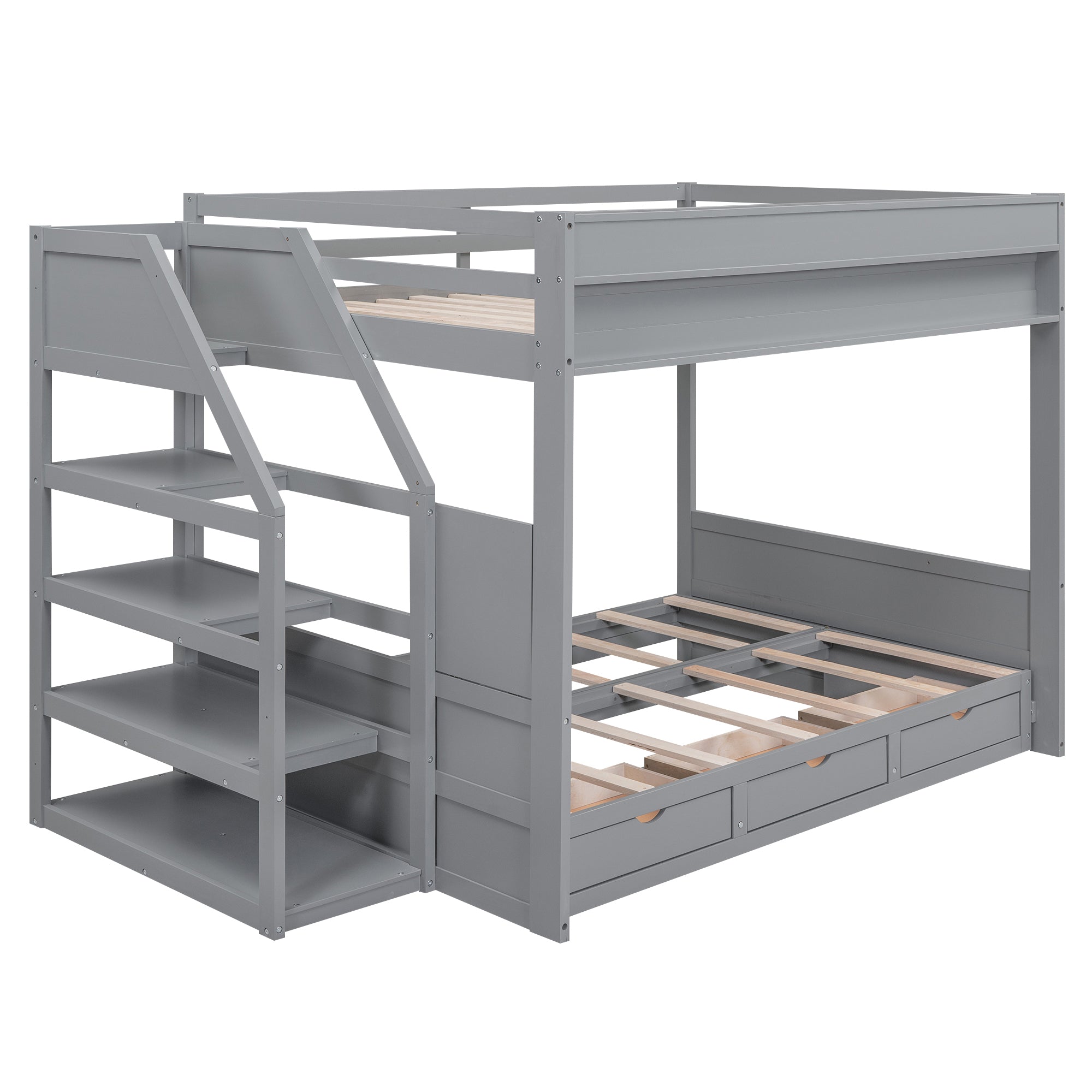 Wood Full Size Convertible Bunk Bed with Storage Staircase, Bedside Table, and 3 Drawers, Gray - Atlantic Fine Furniture Melbourne FL