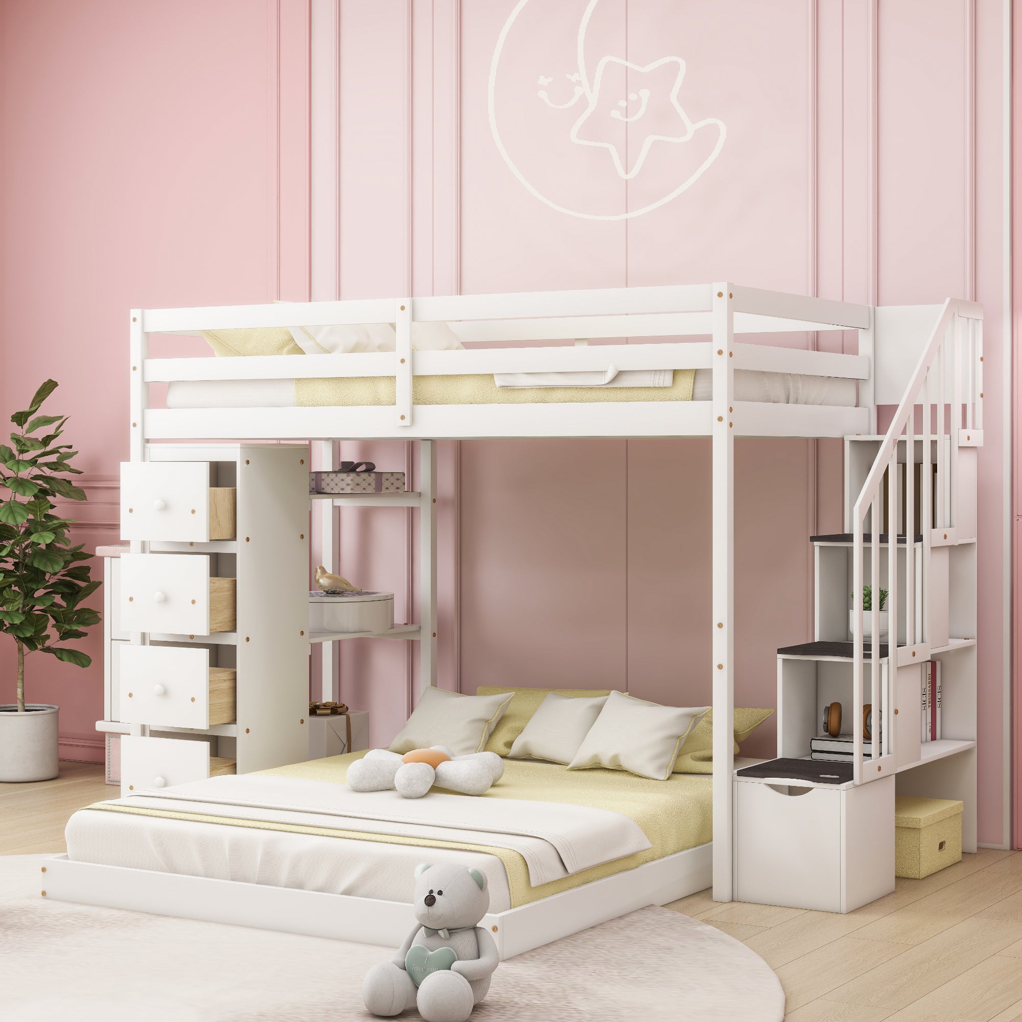 Twin Over Full Bunk Bed with 3-layer Shelves, Drawers and Storage Stairs, White - Atlantic Fine Furniture Melbourne FL