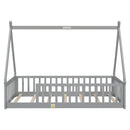 Twin Tent-shaped Floor Bed, Teepee Bed with Guardrails, Slats,Grey