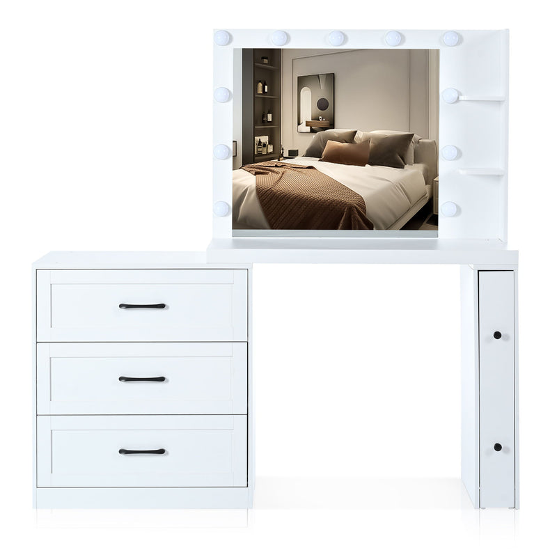 Vanity Desk With Freely Adjustable Side Cabinet, Makeup Vanity With Hollywood Lights, 5 Storage Drawers & 2-Shelves, Modern Dressing Table - White