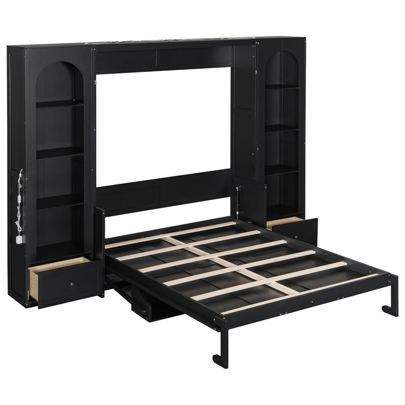 French Style Murphy Platform Bed With Shelf, Side Cabinets, Drawers And LED