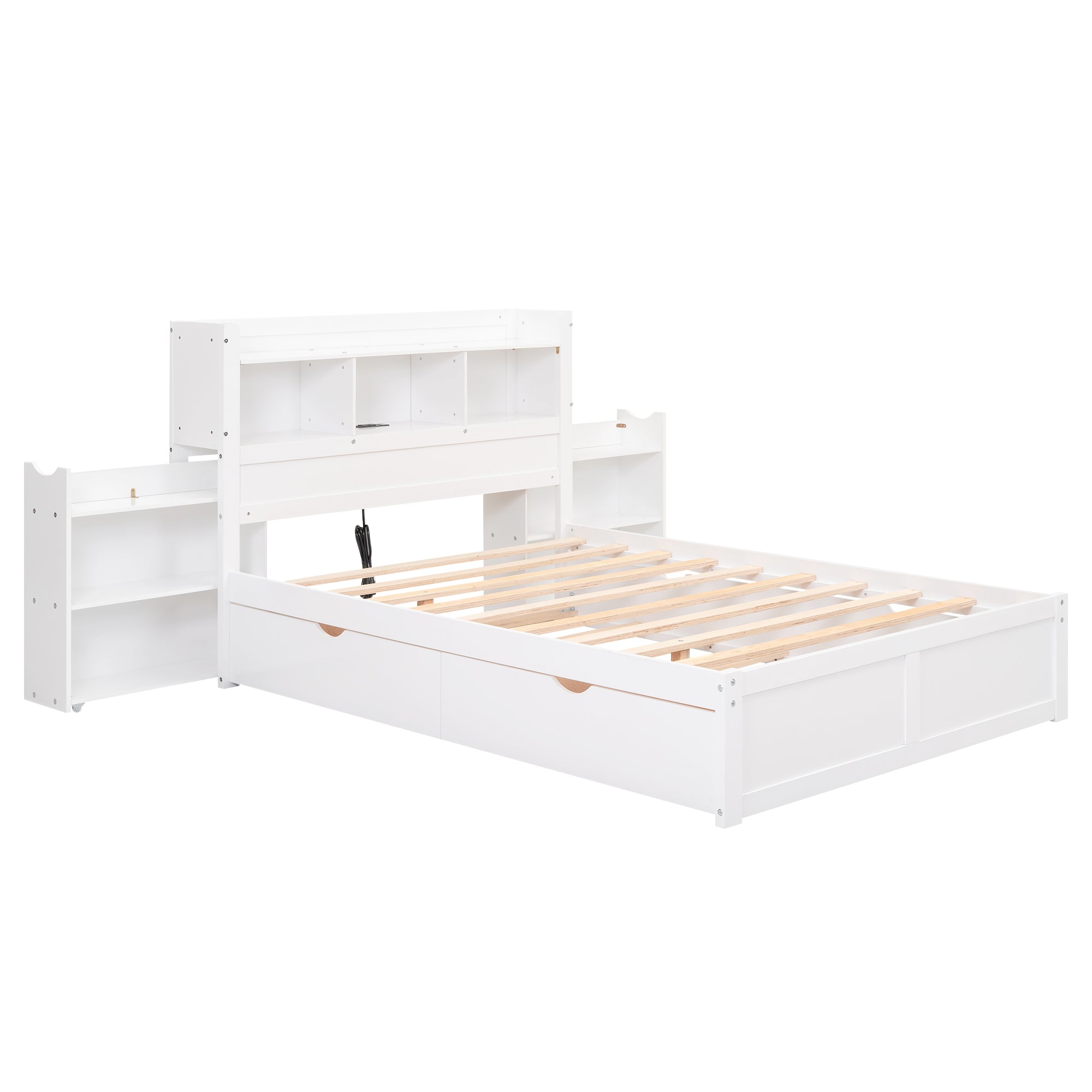 Full Size Storage Platform Bed with Pull Out Shelves, Twin Size Trundle and 2 Drawers, White - Atlantic Fine Furniture Melbourne FL
