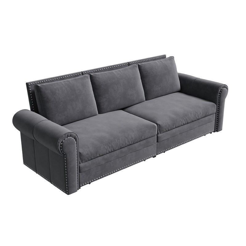 3 In 1 Convertible Sleeper Sofa With Nailhead Trim & Rolled Arm