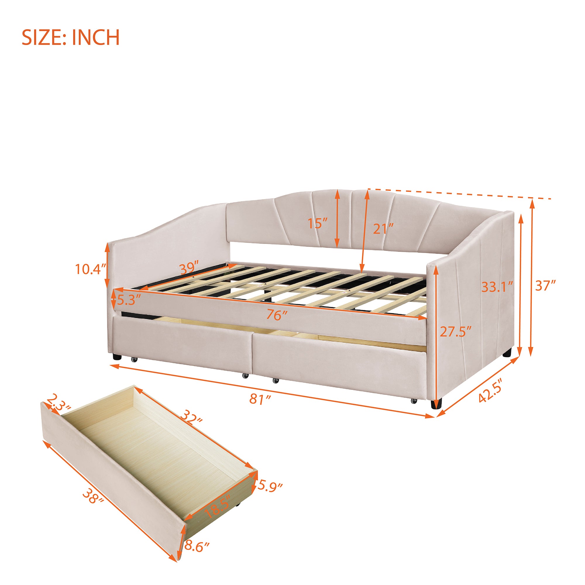 Upholstered daybed Twin Size with Two Drawers and Wood Slat  ,Beige - Atlantic Fine Furniture Melbourne FL