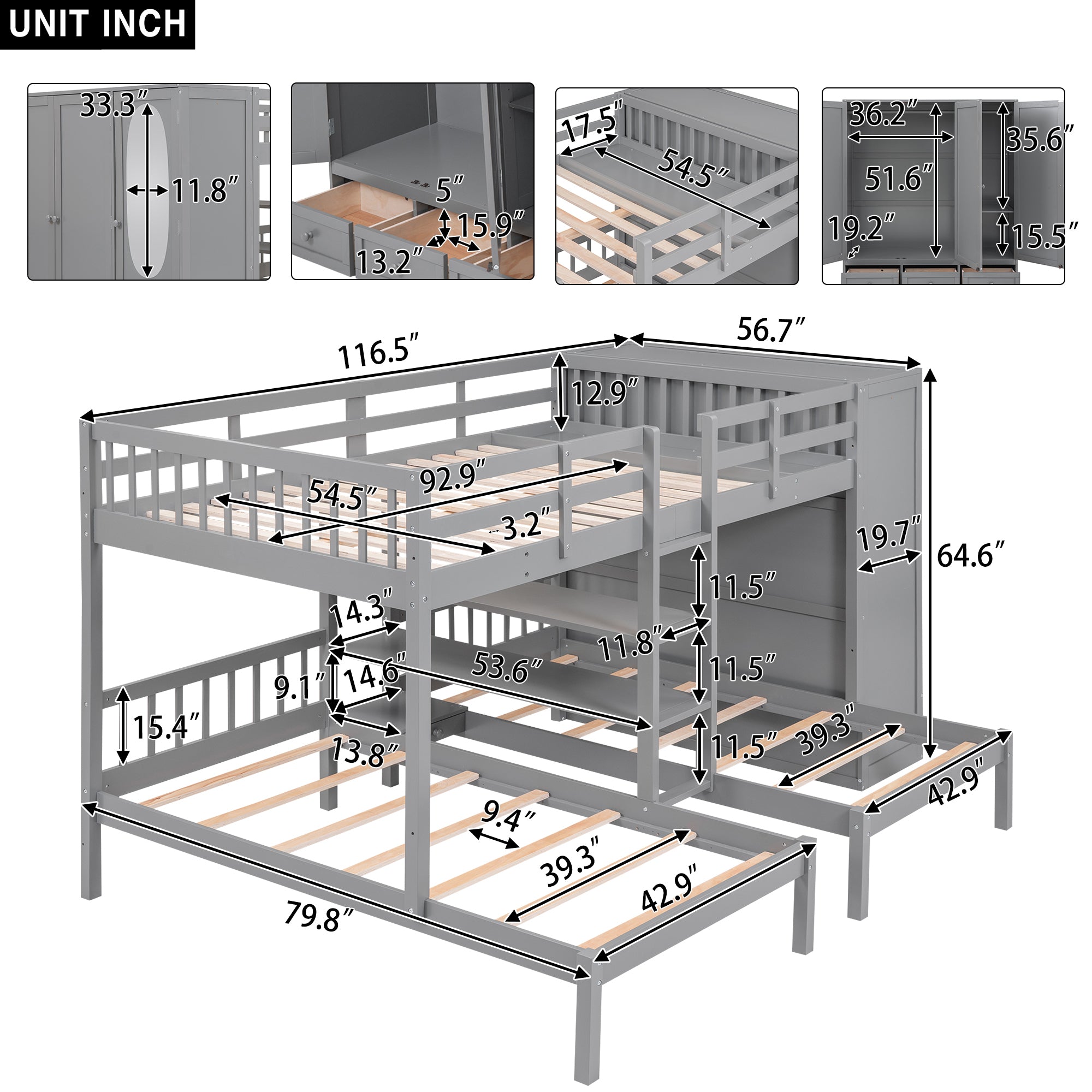 Full-Over-Twin-Twin Bunk Bed with Shelves, Wardrobe and Mirror, Gray - Atlantic Fine Furniture Melbourne FL