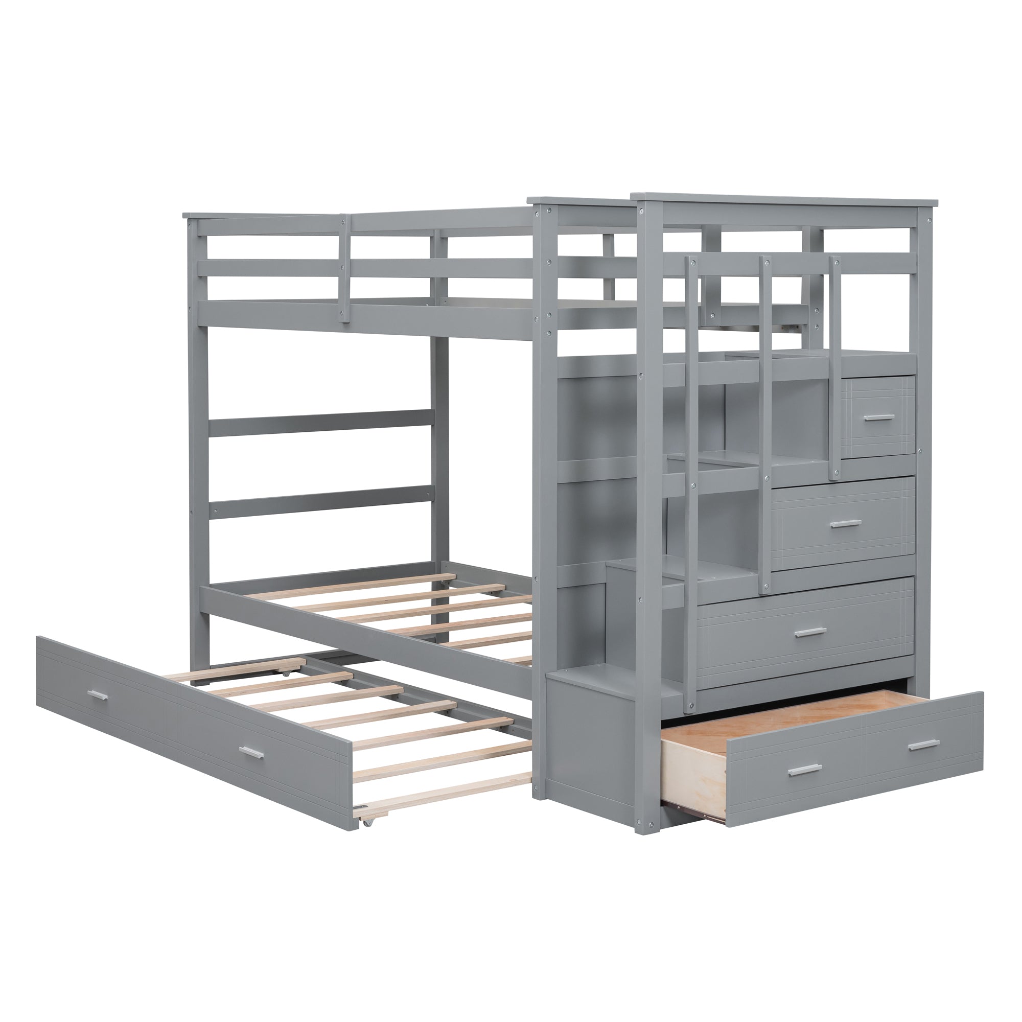 Twin Over Twin Bunk Bed with Trundle and Staircase,Gray(OLD SKU:LT000068AAE) - Atlantic Fine Furniture Melbourne FL