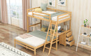 Twin over Full Bunk Bed with Built-in Desk and Three Drawers,Natural
