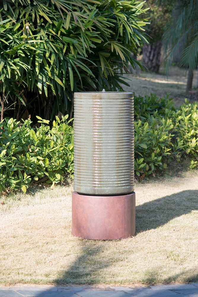 Tall Large Round Ribbed Tower Water Fountain, Verge Bronze, Cement Outdoor Bird Feeder / Bath Fountain