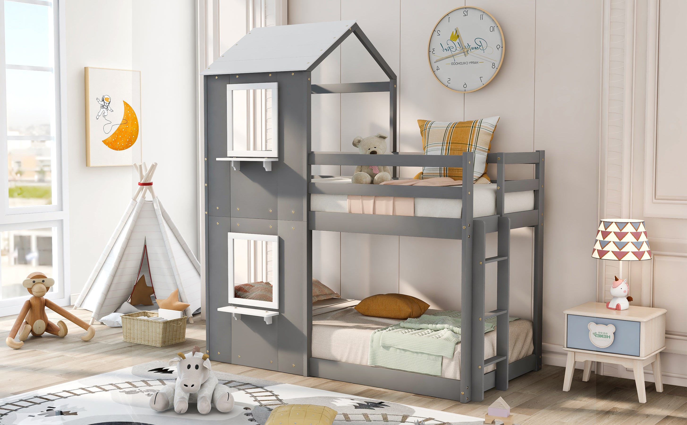 Twin Over Twin Bunk Bed Wood Bed with Roof, Window, Guardrail, Ladder (White) - Atlantic Fine Furniture Melbourne FL