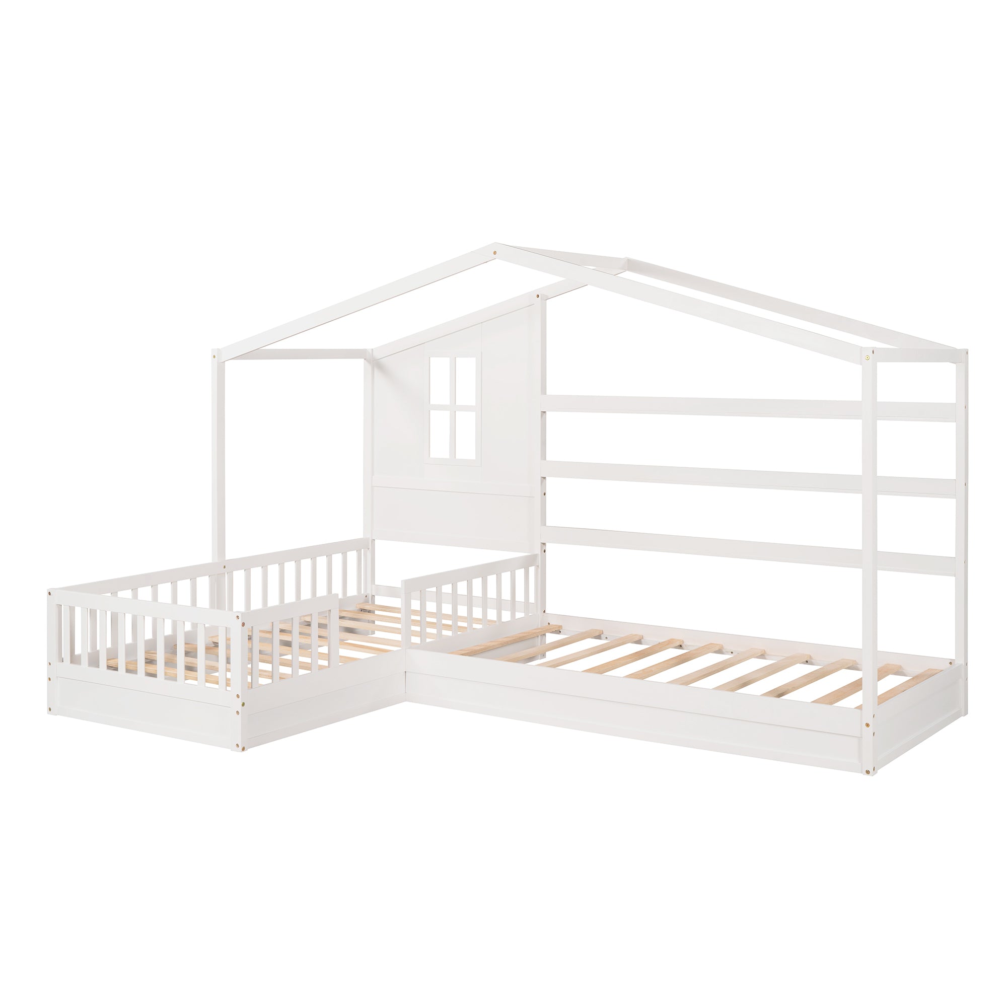 Wood House Bed Twin Size, 2 Twin Solid Bed L structure with fence and slatted frame (White) - Atlantic Fine Furniture Melbourne FL