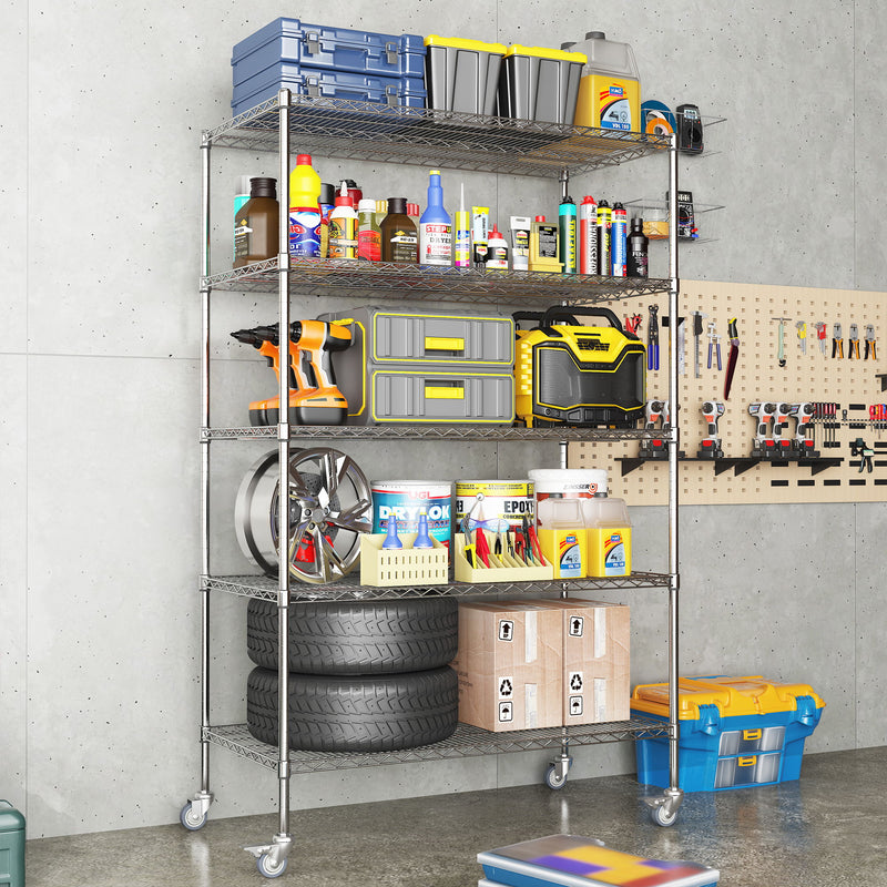 Heavy Duty Adjustable Shelving Unit, 5 Tier Wire Storage Shelves With Wheels - Brushed Nickel