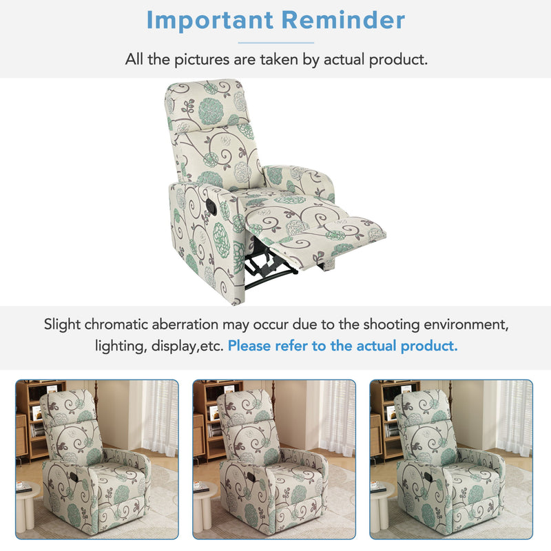Modern Manual Recliner, Home Theater Chair With Adjustable Backrest For Living Room - Beige / Blue