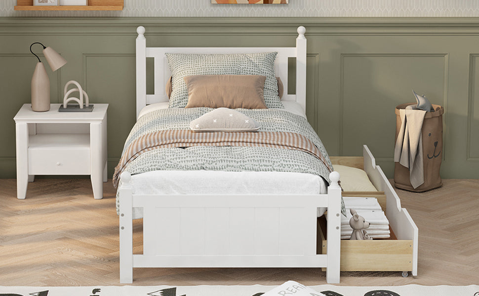 Twin Size Solid Wood Platform Bed Frame with 2 drawers for Limited Space Kids, Teens, Adults, No Need Box Spring, White - Atlantic Fine Furniture Melbourne FL