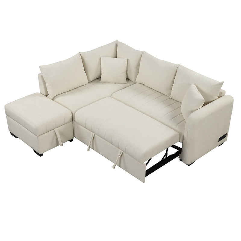 L-Shaped Sectional Pull Out Sofa Bed Sleeper Sofa With Two USB Ports, Two Power Sockets And A Movable Storage Ottoman