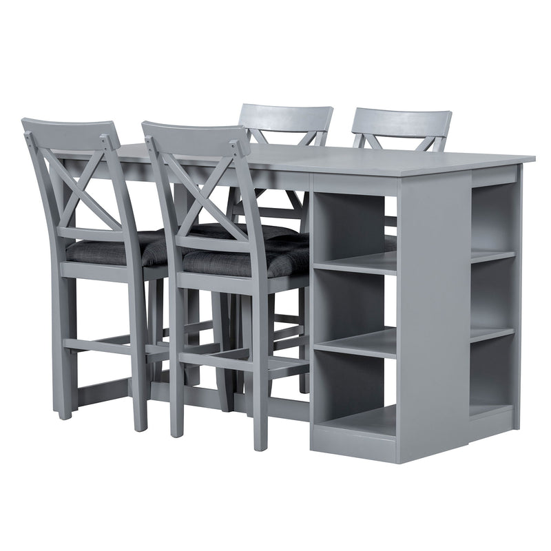 Solid Wood Farmhouse Counter Height Dining Table Set With 3 Tier Storage Shelves