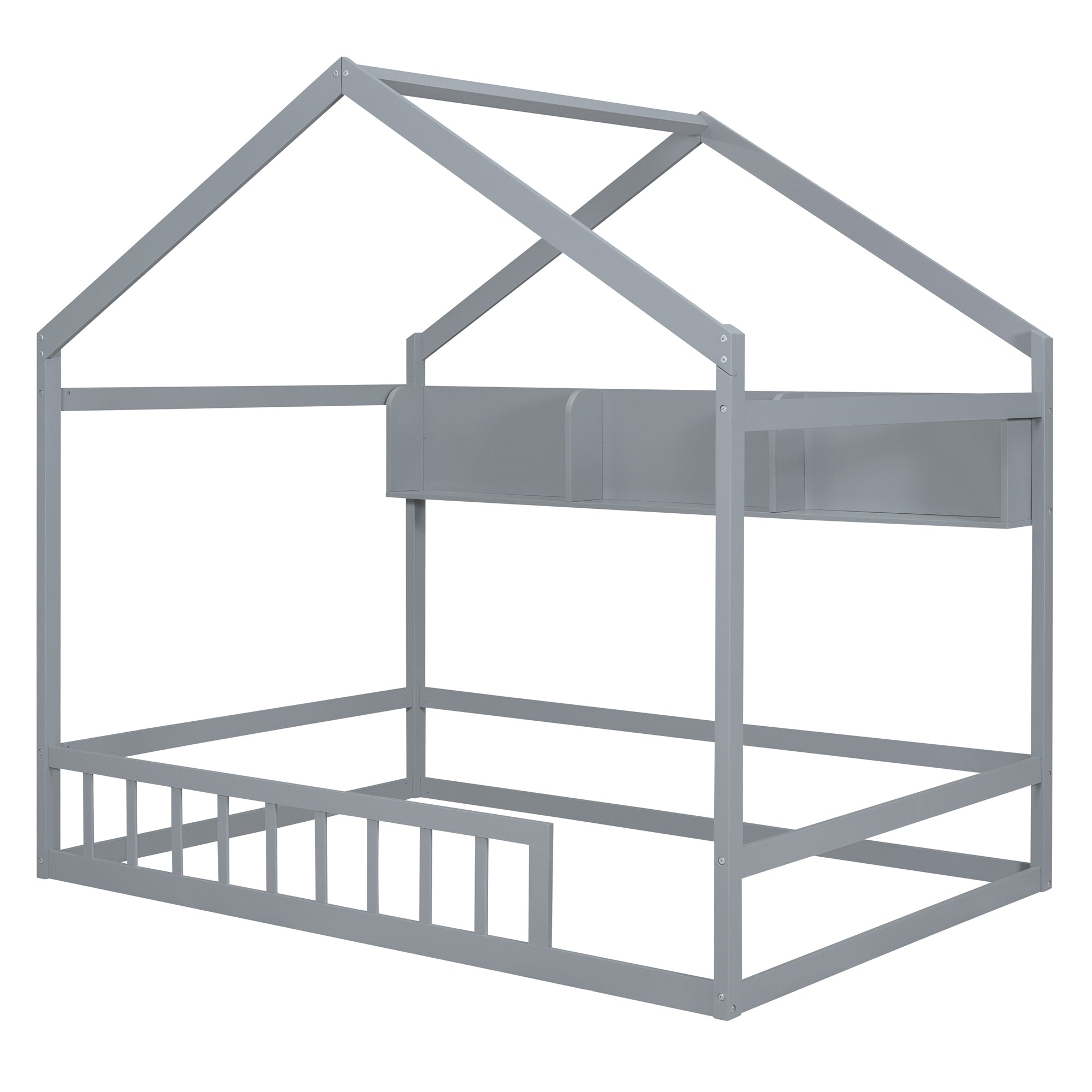 Wooden Full Size House Bed with Storage Shelf,Kids Bed with Fence and Roof, Gray - Atlantic Fine Furniture Melbourne FL