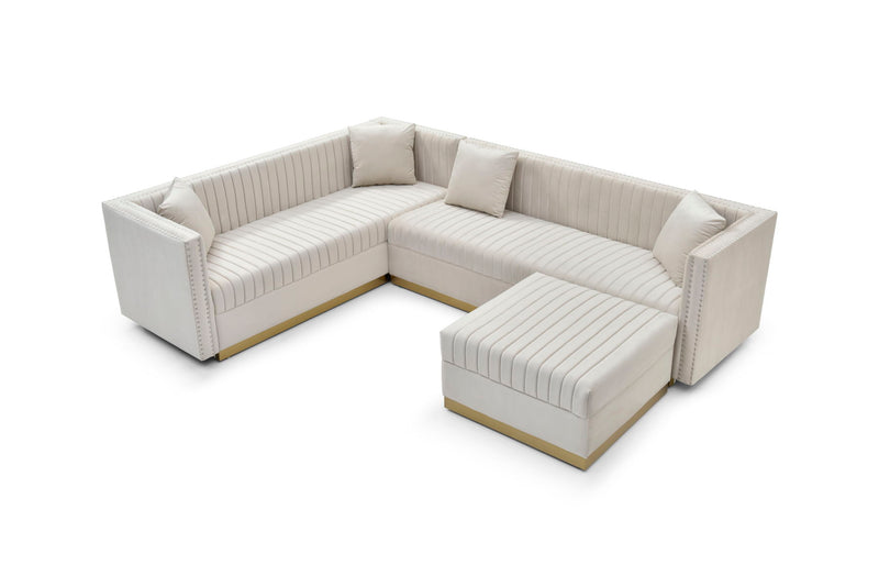 Contemporary Vertical Channel Tufted Velvet Sectional Sofa For Living Room Apartment With Ottoman And 4 Pillows