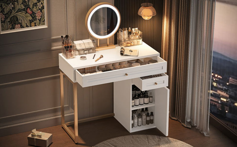 Makeup Vanity Desk With Lighted Mirror, Luxury Dressing Table With 2 Drawers And 1 Cabinet, 3 Lighting Modes Available For Bedroom - White / Gold
