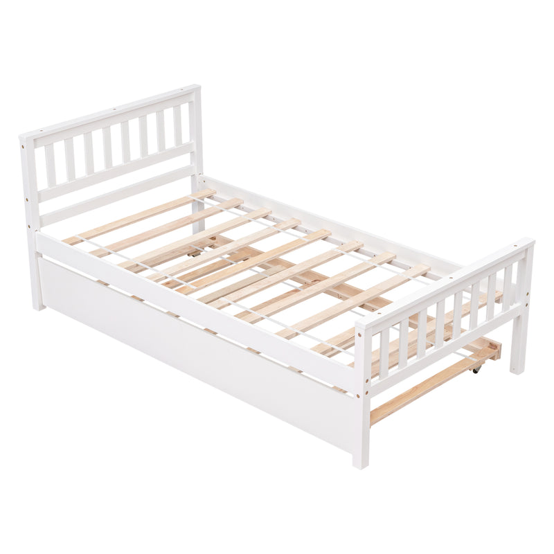 Twin Bed with Trundle, Platform Bed Frame with Headboard and Footboard, for Bedroom Small Living Space,No Box Spring Needed,White(New SKU:W504P148532)