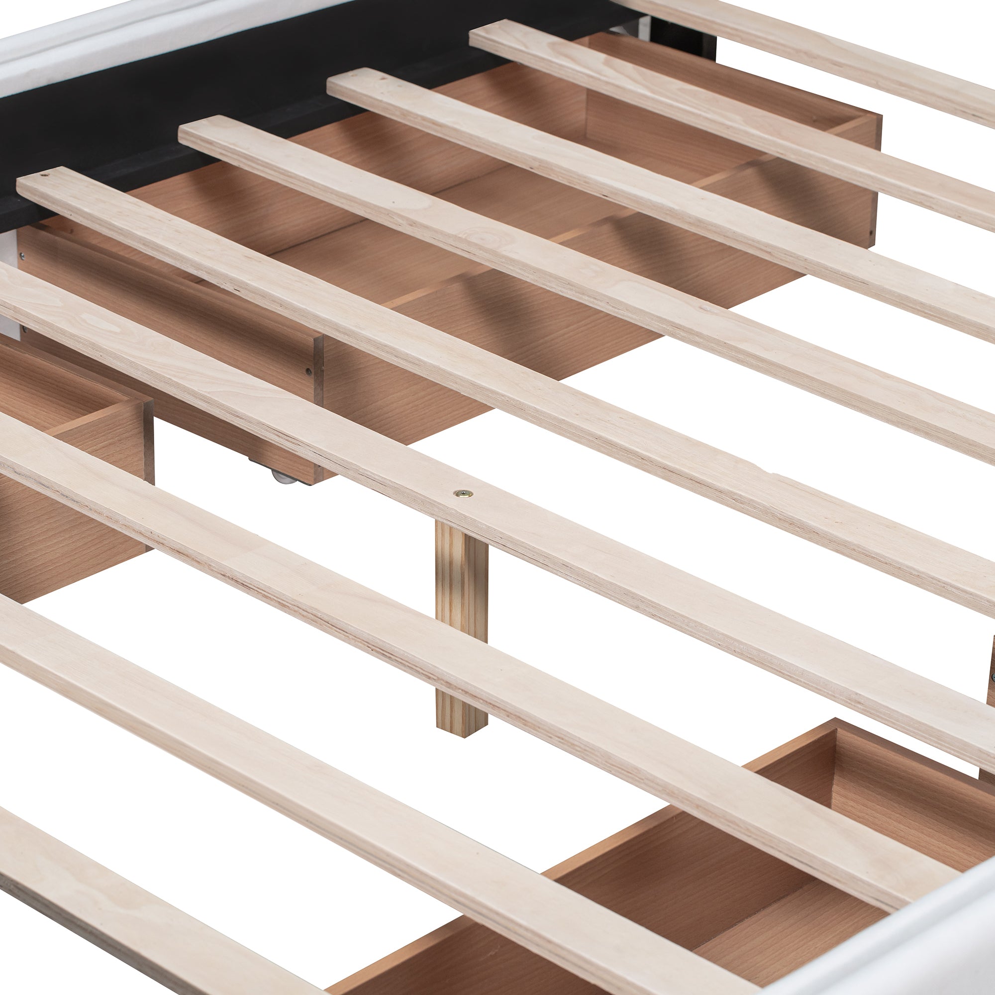 Upholstered Platform Bed with Classic Headboard and 4 Drawers, No Box Spring Needed, Linen Fabric, Queen Size White - Atlantic Fine Furniture Melbourne FL