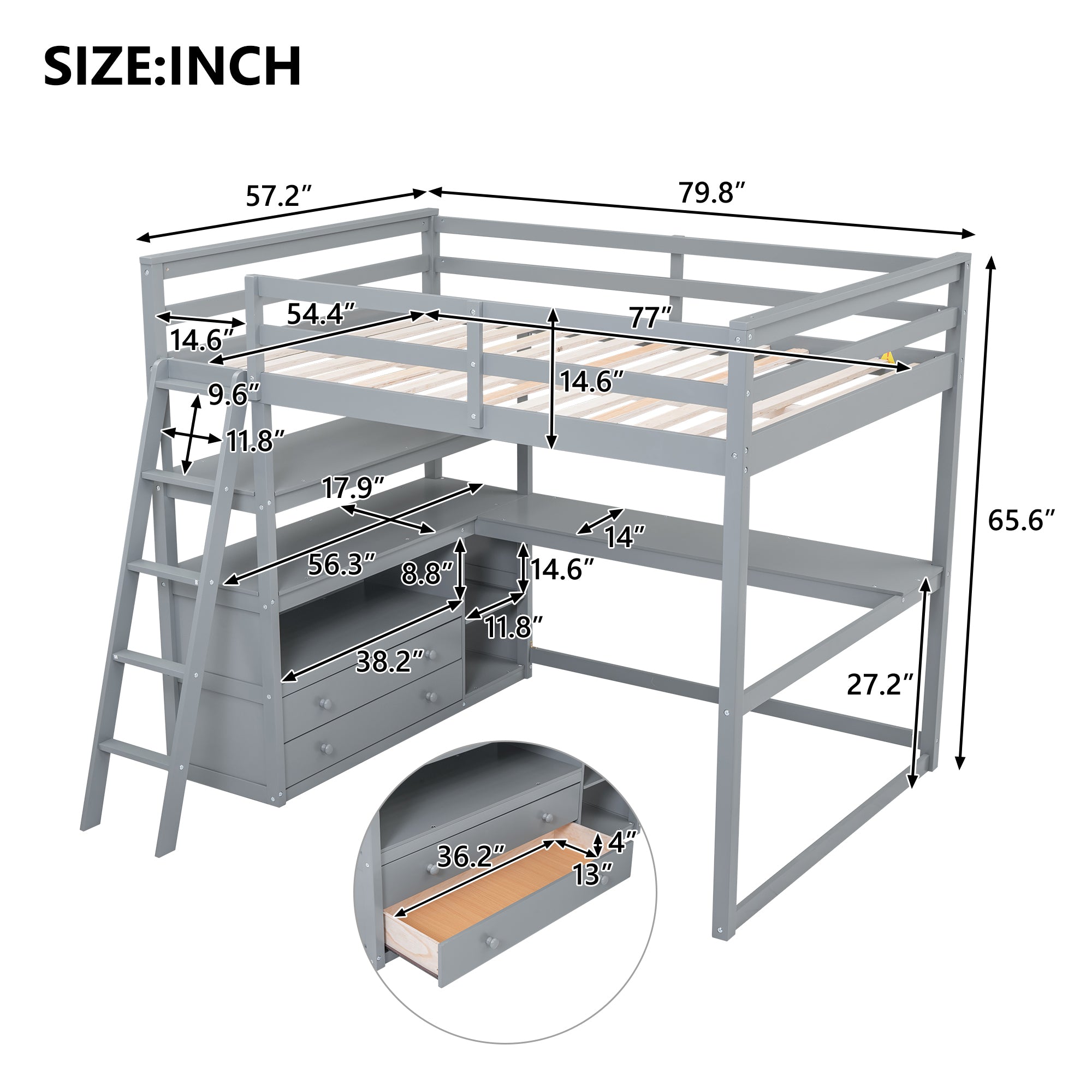 Full Size Loft Bed with Desk and Shelves,Two Built-in Drawers,Gray(Old SKU: GX000416AAE) - Atlantic Fine Furniture Melbourne FL